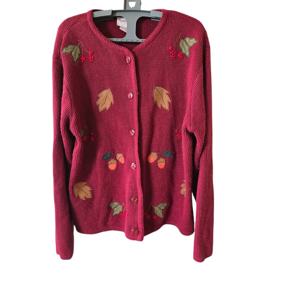 Craft and Barrow  Zip Up Fall Applique Sweater Burgundy Size M